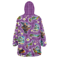 Hawaiian Island Shapes-Iconic Landscape Wearable Blanket Hoodie with Plumeria and Palaka Purple Color