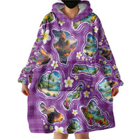 Hawaiian Island Shapes-Iconic Landscape Wearable Blanket Hoodie with Plumeria and Palaka Purple Color