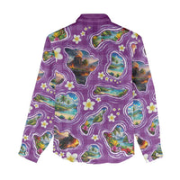 Hawaiian Island Shapes-Iconic Landscape Women Casual Shirt with Plumeria and Palaka Purple Color