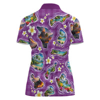 Hawaiian Island Shapes-Iconic Landscape Women Polo Shirt with Plumeria and Palaka Purple Color