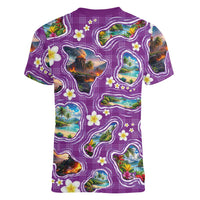 Hawaiian Island Shapes-Iconic Landscape Women V-Neck T-Shirt with Plumeria and Palaka Purple Color