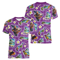 Hawaiian Island Shapes-Iconic Landscape Women V-Neck T-Shirt with Plumeria and Palaka Purple Color