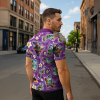 Hawaiian Island Shapes-Iconic Landscape Zipper Polo Shirt with Plumeria and Palaka Purple Color