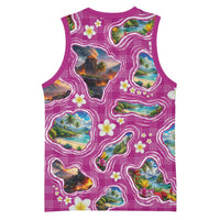 Hawaiian Island Shapes-Iconic Landscape Basketball Jersey with Plumeria and Palaka Pink Color
