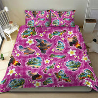 Hawaiian Island Shapes-Iconic Landscape Bedding Set with Plumeria and Palaka Pink Color