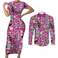 Hawaiian Island Shapes-Iconic Landscape Couples Matching Short Sleeve Bodycon Dress and Long Sleeve Button Shirt with Plumeria and Palaka Pink Color