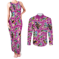 Hawaiian Island Shapes-Iconic Landscape Couples Matching Tank Maxi Dress and Long Sleeve Button Shirt with Plumeria and Palaka Pink Color