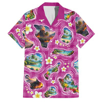 Hawaiian Island Shapes-Iconic Landscape Family Matching Off The Shoulder Long Sleeve Dress and Hawaiian Shirt with Plumeria and Palaka Pink Color LT03 Dad's Shirt - Short Sleeve Pink - Polynesian Pride