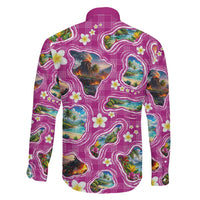 Hawaiian Island Shapes-Iconic Landscape Family Matching Off The Shoulder Long Sleeve Dress and Hawaiian Shirt with Plumeria and Palaka Pink Color LT03 - Polynesian Pride