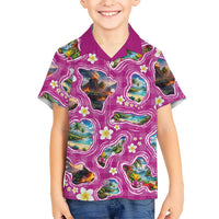 Hawaiian Island Shapes-Iconic Landscape Family Matching Off The Shoulder Long Sleeve Dress and Hawaiian Shirt with Plumeria and Palaka Pink Color LT03 Son's Shirt Pink - Polynesian Pride