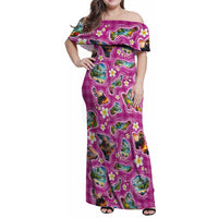Hawaiian Island Shapes-Iconic Landscape Family Matching Off Shoulder Maxi Dress and Hawaiian Shirt with Plumeria and Palaka Pink Color
