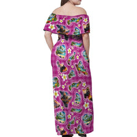 Hawaiian Island Shapes-Iconic Landscape Family Matching Off Shoulder Maxi Dress and Hawaiian Shirt with Plumeria and Palaka Pink Color