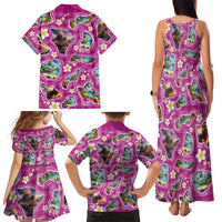 Hawaiian Island Shapes-Iconic Landscape Family Matching Tank Maxi Dress and Hawaiian Shirt with Plumeria and Palaka Pink Color