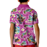 Hawaiian Island Shapes-Iconic Landscape Kid Polo Shirt with Plumeria and Palaka Pink Color