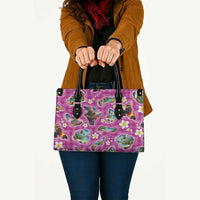 Hawaiian Island Shapes-Iconic Landscape Leather Bag with Plumeria and Palaka Pink Color