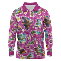 Hawaiian Island Shapes-Iconic Landscape Long Sleeve Polo Shirt with Plumeria and Palaka Pink Color