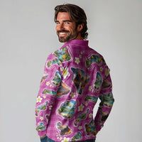 Hawaiian Island Shapes-Iconic Landscape Long Sleeve Polo Shirt with Plumeria and Palaka Pink Color