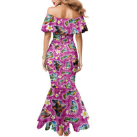 Hawaiian Island Shapes-Iconic Landscape Mermaid Dress with Plumeria and Palaka Pink Color