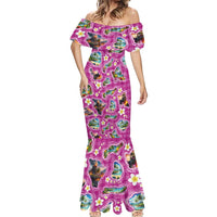 Hawaiian Island Shapes-Iconic Landscape Mermaid Dress with Plumeria and Palaka Pink Color