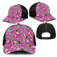 Hawaiian Island Shapes-Iconic Landscape Mesh Trucker Cap with Plumeria and Palaka Pink Color