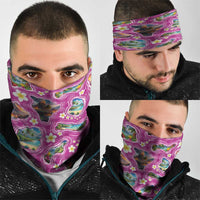 Hawaiian Island Shapes-Iconic Landscape Neck Gaiter with Plumeria and Palaka Pink Color