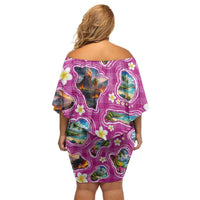 Hawaiian Island Shapes-Iconic Landscape Off Shoulder Short Dress with Plumeria and Palaka Pink Color