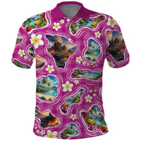 Hawaiian Island Shapes-Iconic Landscape Polo Shirt with Plumeria and Palaka Pink Color LT03 Pink - Polynesian Pride