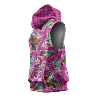 Hawaiian Island Shapes-Iconic Landscape Sleeveless Hoodie with Plumeria and Palaka Pink Color