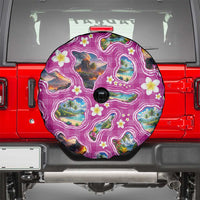 Hawaiian Island Shapes-Iconic Landscape Spare Tire Cover with Plumeria and Palaka Pink Color