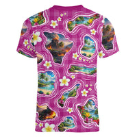 Hawaiian Island Shapes-Iconic Landscape Women V-Neck T-Shirt with Plumeria and Palaka Pink Color