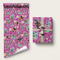 Hawaiian Island Shapes-Iconic Landscape Wrapping Paper with Plumeria and Palaka Pink Color