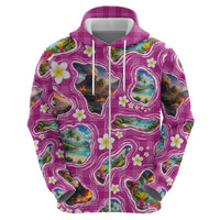 Hawaiian Island Shapes-Iconic Landscape Zip Hoodie with Plumeria and Palaka Pink Color