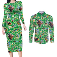 Hawaii Map with Plumeria Flower and Palaka Pattern Couples Matching Long Sleeve Bodycon Dress and Long Sleeve Button Shirt Tropical Island Green Design LT03 Green - Polynesian Pride