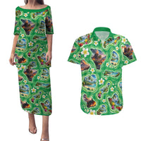 Hawaii Map with Plumeria Flower and Palaka Pattern Couples Matching Puletasi and Hawaiian Shirt Tropical Island Green Design