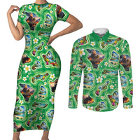 Hawaii Map with Plumeria Flower and Palaka Pattern Couples Matching Short Sleeve Bodycon Dress and Long Sleeve Button Shirt Tropical Island Green Design LT03 Green - Polynesian Pride