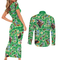 Hawaii Map with Plumeria Flower and Palaka Pattern Couples Matching Short Sleeve Bodycon Dress and Long Sleeve Button Shirt Tropical Island Green Design LT03 - Polynesian Pride