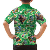 Hawaii Map with Plumeria Flower and Palaka Pattern Family Matching Mermaid Dress and Hawaiian Shirt Tropical Island Green Design LT03 - Polynesian Pride