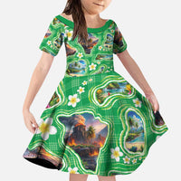 Hawaii Map with Plumeria Flower and Palaka Pattern Family Matching Mermaid Dress and Hawaiian Shirt Tropical Island Green Design LT03 Daughter's Dress Green - Polynesian Pride