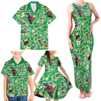 Hawaii Map with Plumeria Flower and Palaka Pattern Family Matching Tank Maxi Dress and Hawaiian Shirt Tropical Island Green Design