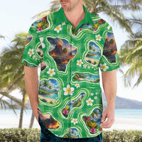 Hawaii Map with Plumeria Flower and Palaka Pattern Hawaiian Shirt Tropical Island Green Design