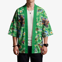 Hawaii Map with Plumeria Flower and Palaka Pattern Kimono Tropical Island Green Design
