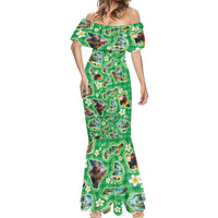 Hawaii Map with Plumeria Flower and Palaka Pattern Mermaid Dress Tropical Island Green Design
