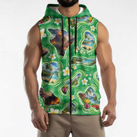 Hawaii Map with Plumeria Flower and Palaka Pattern Sleeveless Zip Hoodie Tropical Island Green Design