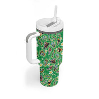 Hawaii Map with Plumeria Flower and Palaka Pattern Tumbler With Handle Tropical Island Green Design LT03 - Polynesian Pride