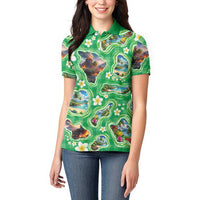 Hawaii Map with Plumeria Flower and Palaka Pattern Women Polo Shirt Tropical Island Green Design LT03 - Polynesian Pride