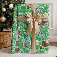 Hawaii Map with Plumeria Flower and Palaka Pattern Wrapping Paper Tropical Island Green Design LT03 - Polynesian Pride