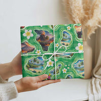 Hawaii Map with Plumeria Flower and Palaka Pattern Wrapping Paper Tropical Island Green Design LT03 - Polynesian Pride