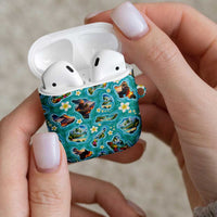 Hawaii Map with Plumeria Flower and Palaka Pattern AirPods Case Tropical Island Teal Design