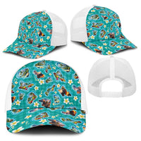Hawaii Map with Plumeria Flower and Palaka Pattern Baseball Net Cap Tropical Island Teal Design