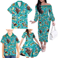 Hawaii Map with Plumeria Flower and Palaka Pattern Family Matching Off The Shoulder Long Sleeve Dress and Hawaiian Shirt Tropical Island Teal Design